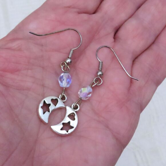 Handmade Silver Toned Crescent Moon Dangle Earrings, Moon Lover Gift for Women - Picture 5 of 8